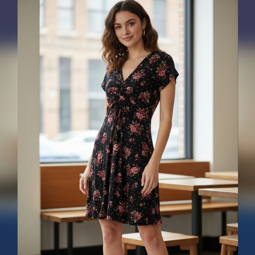 No Boundaries Skater Dress Tie Front Floral Black Juniors Medium